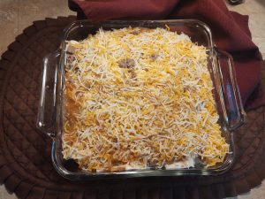 Smothered Burrito Bake ready for the oven
