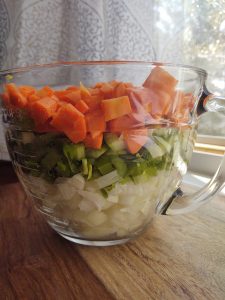 4 cups onion, 2 cups celery, 2 cups carrot